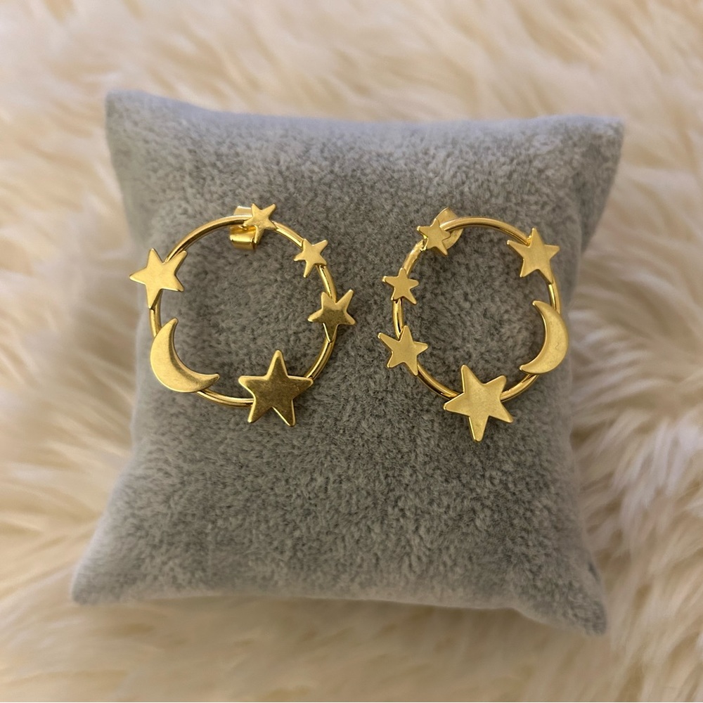 Madewell pair of celestial hoop gold earrings, circular with moon and stars